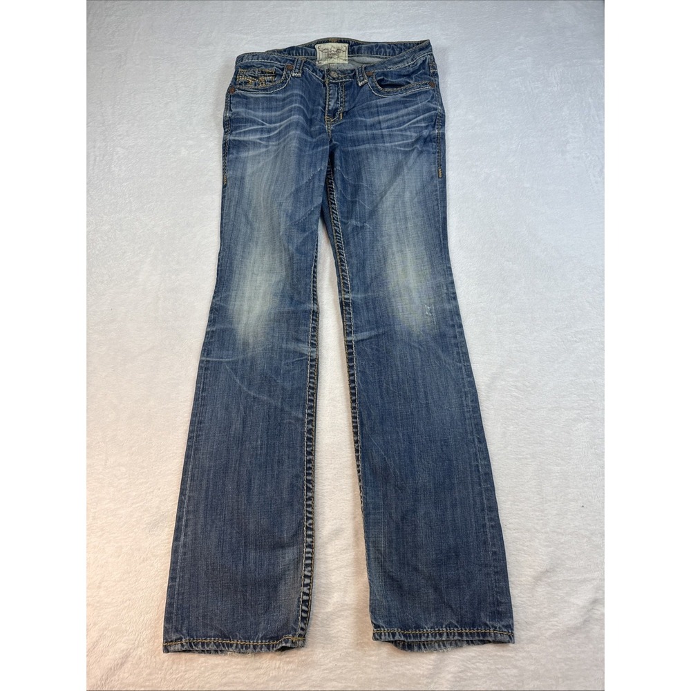 Big Star Jeans Womens 31 LONG Blue Bootcut Distressed Denim Thick Stitch Whisker